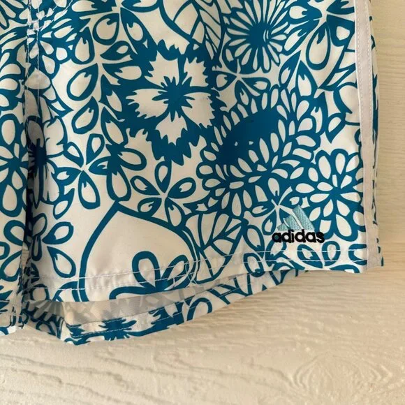 Adidas Junior Size 7 Board Shorts Floral Teal White Velcro & Tie Waistband - Picture 4 of 12